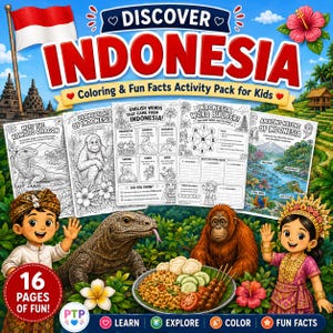 May include: A Discover Indonesia colouring and fun facts activity pack for kids featuring a red and white flag, a Komodo dragon, an orangutan, and a plate of nasi goreng. The cover displays illustrations of children in traditional attire.
