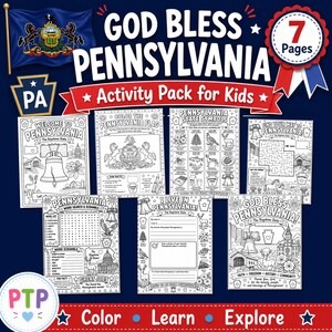 May include: A seven-page printable activity pack for kids titled God Bless Pennsylvania. The pages feature black and white line art including the Pennsylvania state flag, state symbols, a maze, word search, and colouring sheets with state landmarks.