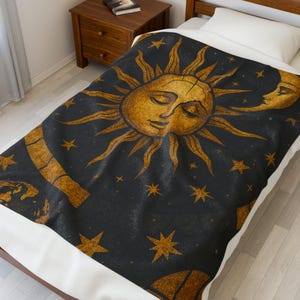 Celestial Sun & Moon Plush Blanket | Cozy Boho Decor, Astrology Gift, Starry Night Throw, Moon and Stars Bedding, Velveteen Throw