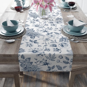 Blue Floral Table Runner: Vintage Botanical Navy & White Linen