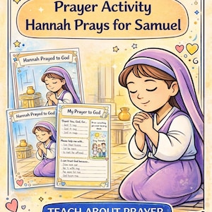 Vertical promotional image for Hannah Prays for Samuel Bible Mothers prayer activity printable with page previews and teaching prayer focus.