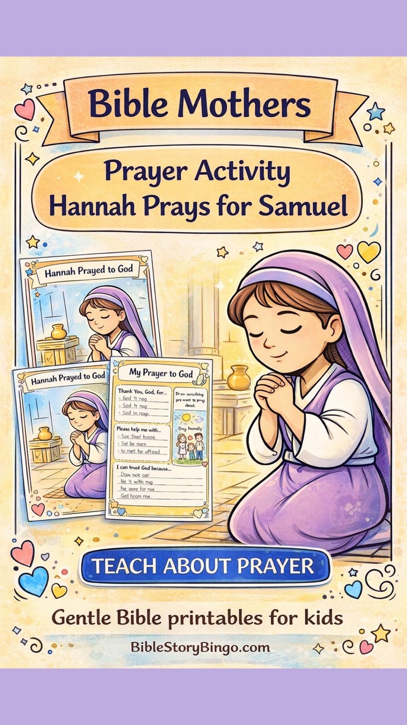 Vertical promotional image for Hannah Prays for Samuel Bible Mothers prayer activity printable with page previews and teaching prayer focus.