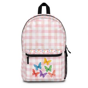 Sac à dos papillon arc-en-ciel pour filles - Cartable en vichy rose pastel pour enfants, cartable pour enfants d'âge préscolaire, joli cadeau de rentrée pour les filles