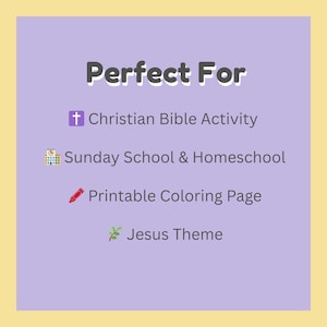 K&ouml;nnte beinhalten: Ein hellvioletter Hintergrund mit den Worten "Perfect For" in Dunkelgrau. Darunter weisen Text und Symbole darauf hin, dass es sich um eine christliche Bibelaktivit&auml;t, Sonntagsschule und Homeschooling, eine ausdruckbare Malvorlage und das Jesus-Thema handelt.