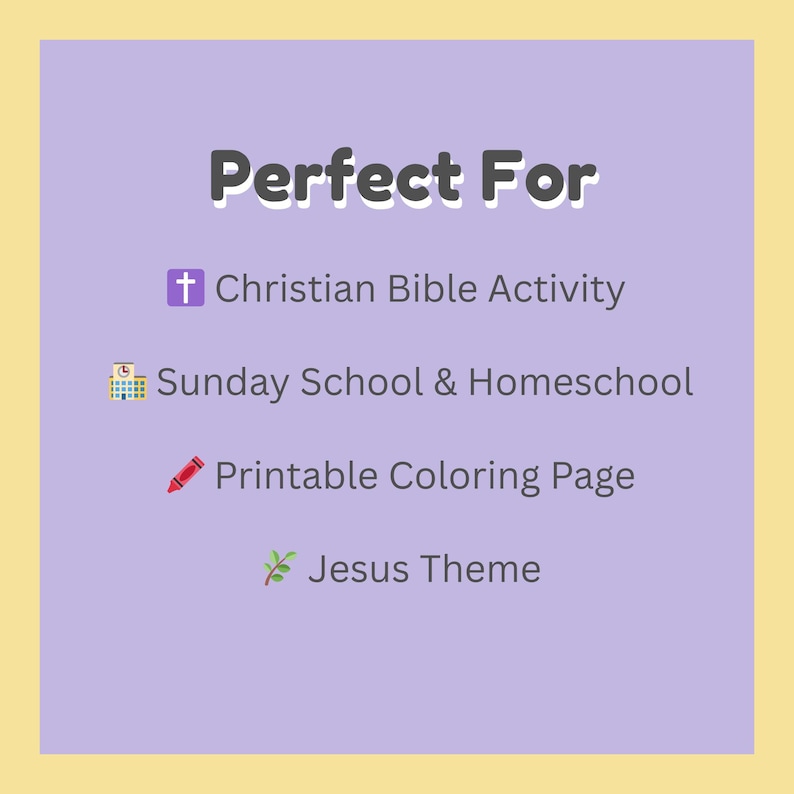 K&ouml;nnte beinhalten: Ein hellvioletter Hintergrund mit den Worten "Perfect For" in Dunkelgrau. Darunter weisen Text und Symbole darauf hin, dass es sich um eine christliche Bibelaktivit&auml;t, Sonntagsschule und Homeschooling, eine ausdruckbare Malvorlage und das Jesus-Thema handelt.