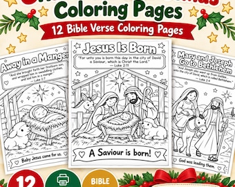 Christmas Coloring Pages for Kids | 12 Christian Christmas Coloring Pages | Nativity Bible Verse Coloring Bundle Printable PDF