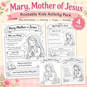 Mary Mother of Jesus printable kids activity pack thumbnail with four Christian worksheet pages