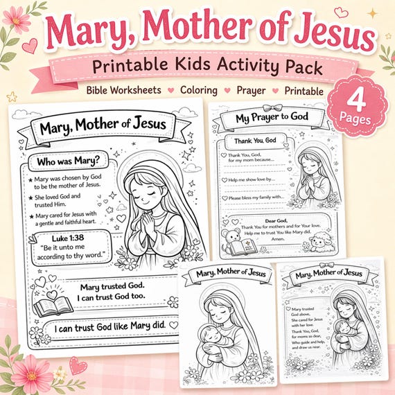 Mary Mother of Jesus Activity Pack Bible Mothers Series Christian Kids Printable Coloring Prayer Poem Pages Sunday School Homeschool PDF