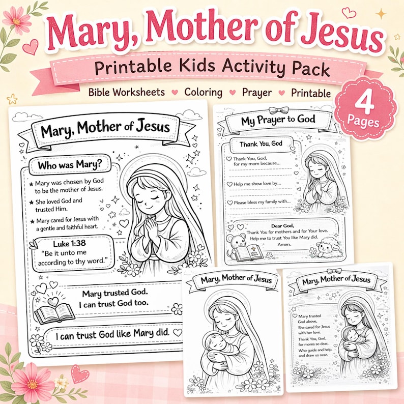 Mary Mother of Jesus printable kids activity pack thumbnail with four Christian worksheet pages