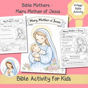 Christian printable worksheet about Mary with prayer page and coloring activity for kids