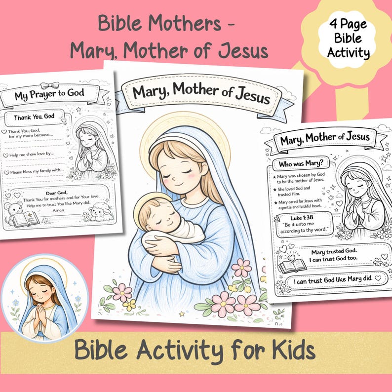 Christian printable worksheet about Mary with prayer page and coloring activity for kids
