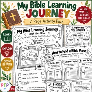 May include: A 7-page activity pack titled My Bible Learning Journey featuring black and white illustrations of open books, doves, and instructional text. The pages include sections on meeting the Bible, exploring the New Testament, and how to find a verse.