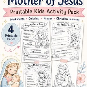 K&ouml;nnte beinhalten: Ein druckbares Kinder-Aktivit&auml;tspaket mit dem Text "Maria, Mutter Jesu". Das Paket enth&auml;lt Arbeitsbl&auml;tter, Malvorlagen und Gebetsaktivit&auml;ten. Das Design ist in Rosa und Blau mit floralen Akzenten und Illustrationen von Maria und Jesus.