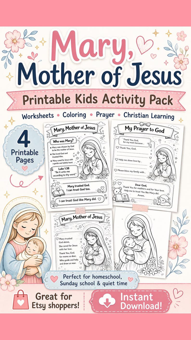 K&ouml;nnte beinhalten: Ein druckbares Kinder-Aktivit&auml;tspaket mit dem Text "Maria, Mutter Jesu". Das Paket enth&auml;lt Arbeitsbl&auml;tter, Malvorlagen und Gebetsaktivit&auml;ten. Das Design ist in Rosa und Blau mit floralen Akzenten und Illustrationen von Maria und Jesus.