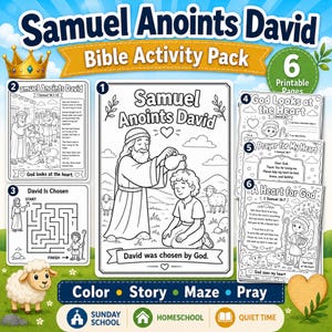 May include: A printable Bible activity pack titled Samuel Anoints David, featuring six black and white pages with illustrations, mazes, and text. The pack includes colouring sheets, a story summary, and prayer activities for children to complete.