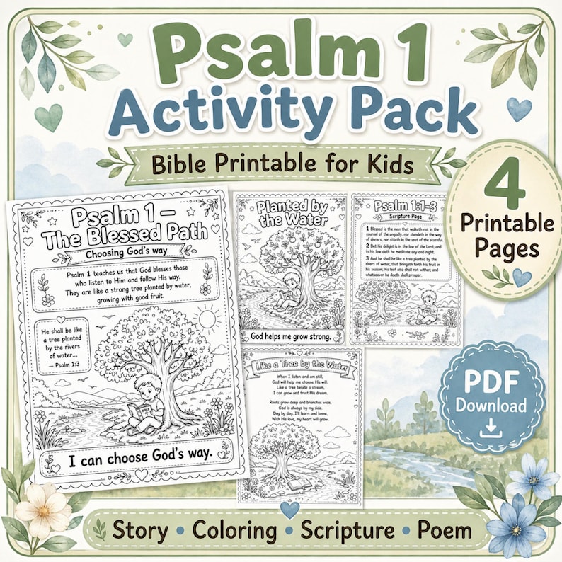 Planted by the Water coloring page preview with colored pencils and lightly colored tree, river, and child reading Bible.