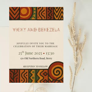 Invito e dettagli per matrimonio africano / Modello Canva tribale / Download modificabile / Suite stampabile afrocentrica boho