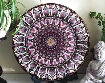 14 Inch Thick Wooden Plate Mandala - Dot Art - Home Decor - Wall Decor - Hand Painted - Spiritual Symbolism - Collectible Plate