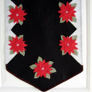 Hand Stitched Red Poinsettia Wool-Felt Primitive Folk Art Christmas Table Runner Fiber Art Holiday Decor Wool Wool Applique image 2