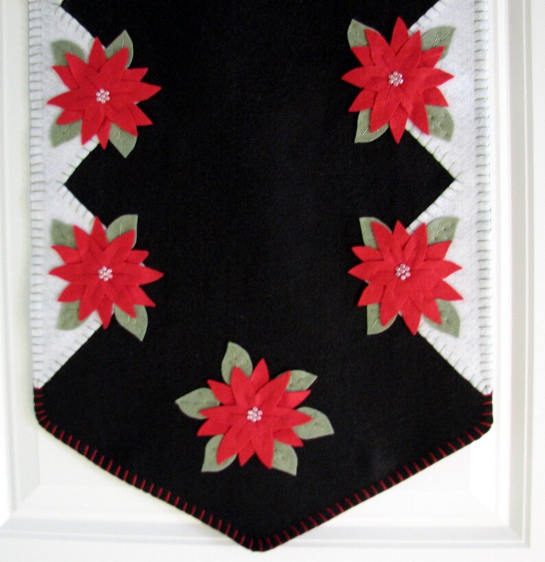 Hand Stitched Red Poinsettia Wool-Felt Primitive Folk Art Christmas Table Runner Fiber Art Holiday Decor Wool Wool Applique image 2