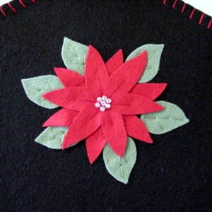 Hand Stitched Red Poinsettia Wool-Felt Primitive Folk Art Christmas Table Runner Fiber Art Holiday Decor Wool Wool Applique image 5