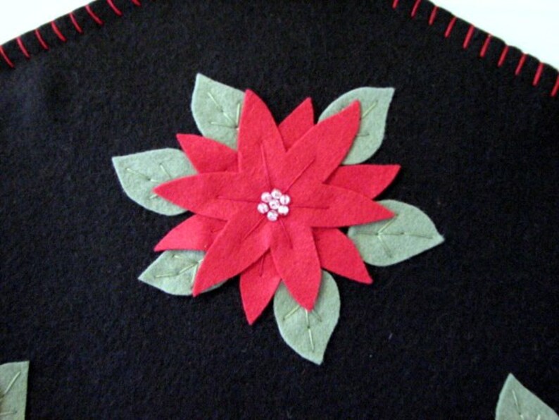 Hand Stitched Red Poinsettia Wool-Felt Primitive Folk Art Christmas Table Runner Fiber Art Holiday Decor Wool Wool Applique image 5