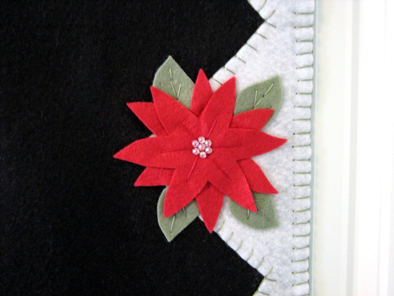 Hand Stitched Red Poinsettia Wool-Felt Primitive Folk Art Christmas Table Runner Fiber Art Holiday Decor Wool Wool Applique image 3