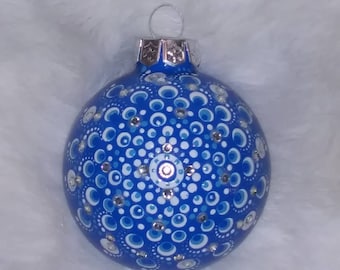 Hand Painted Mandala and Gems Ornament - Dot Art - Christmas Decor - Home Decor - Blue Ornament - Folk Art - Holiday Decor - Art