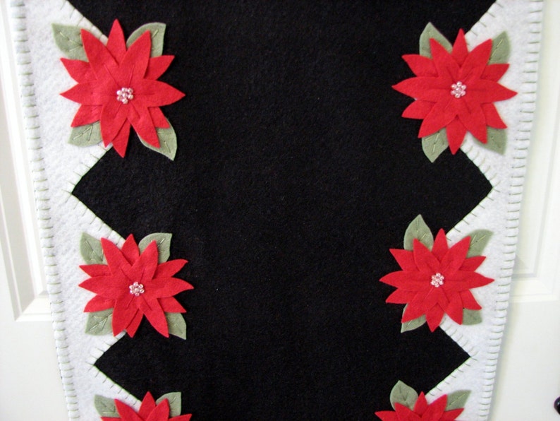 Hand Stitched Red Poinsettia Wool-Felt Primitive Folk Art Christmas Table Runner Fiber Art Holiday Decor Wool Wool Applique image 4
