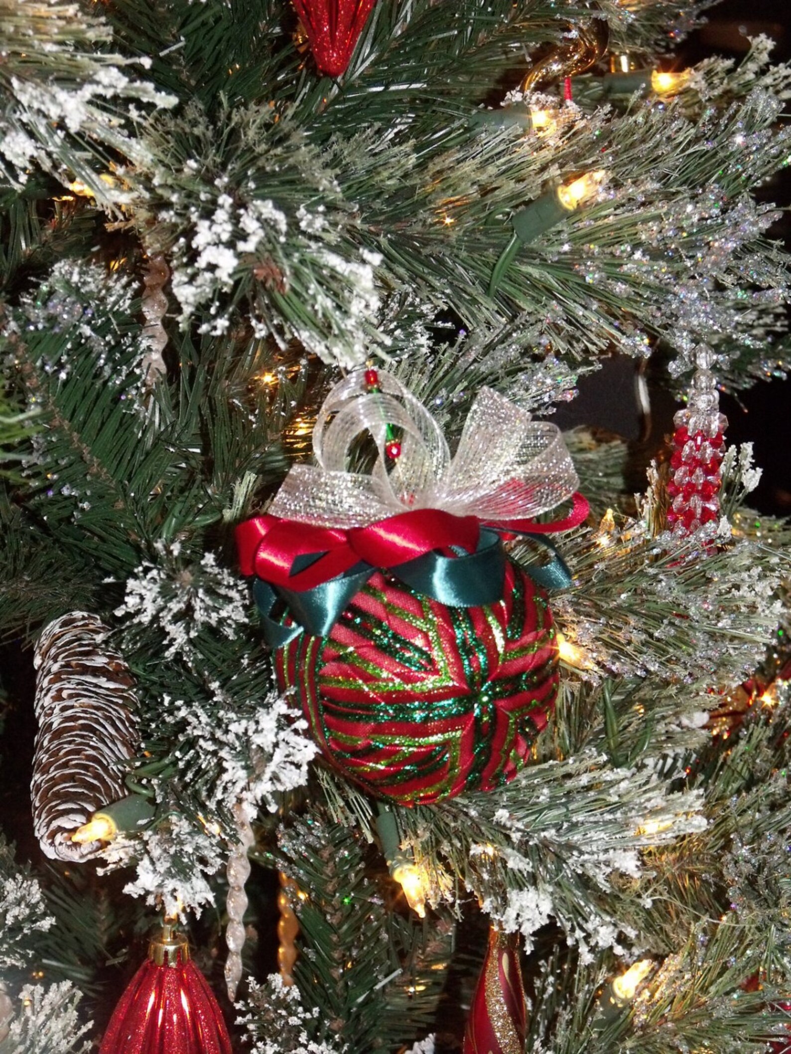 5 Quilted Ribbon Christmas Ball Ornament Home Decor Holiday Decor ...