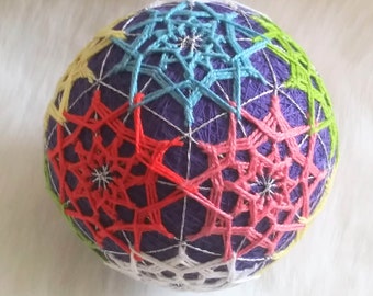 Colorful Star Japanese Temari Ball - 5-1/4 inch Diameter - String Art - Japanese Embroidery - Home Decor - Hand Stitched - Collectible Ball