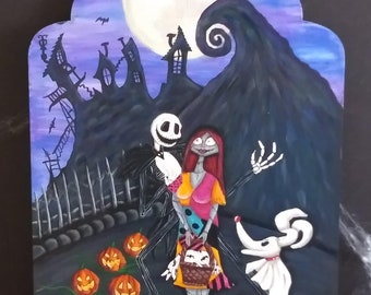 Hand Painted 14" x 10" Jack Skeleton and Sally Nightmare Before Christmas Wooden Tag Wall Decor - Halloween Decor - Collectible - Halloween