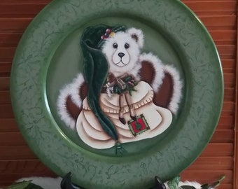 Hand Painted 14" Thick/Heavy Wooden Plate-Christmas theme-Christmas Bear- Decorative Painting-Tole Painting-Home Decor-Christmas Plate