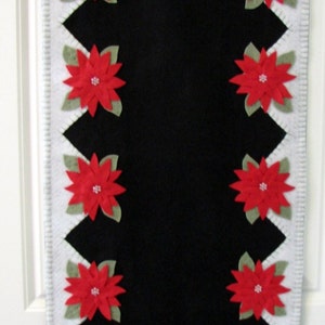 Hand Stitched Red Poinsettia Wool-Felt Primitive Folk Art Christmas Table Runner Fiber Art Holiday Decor Wool Wool Applique image 1