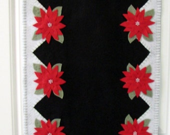 Hand Stitched Red Poinsettia Wool-Felt Primitive - Folk Art - Christmas Table Runner - Fiber Art - Holiday Decor - Wool - Wool Applique