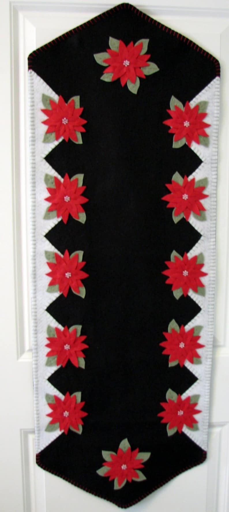 Hand Stitched Red Poinsettia Wool-Felt Primitive Folk Art Christmas Table Runner Fiber Art Holiday Decor Wool Wool Applique image 1