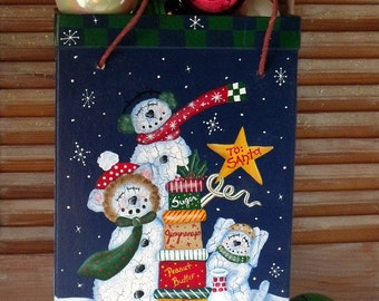 Hand Painted "SNOW BUDDIES" Christmas Box Tote - Primitive - Whimsical - Folk Art - Gift Box - Gift Tote - Holiday Decoration - Snowmen