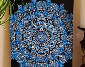 11" X 14" Blue Mandala Canvas Dot Art with Crystal Gems - Home Decor - Mandala - Spiritual Art - Canvas Painting - Unframed - Art -