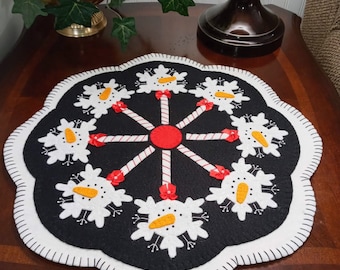 Hand Stitched 17" Wool Felt FROSTY POPS Candle Mat - Penny Rug - Fiber Art - Wool Applique - Primitive Mat - Folk Art Mat - Holiday Decor