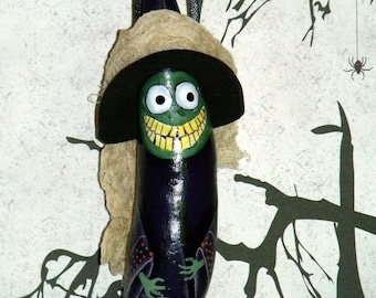 Hand Painted Halloween Ghoul Witch Gourd Ornament - Halloween Decor - Witch Gourd - Ghoul Gourd - Original Design - Halloween Decoration