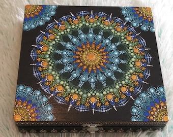 Hand Painted 8x8x2" Wooden Cigar Box Dot Mandala - Keepsake Box - What-not Box - Jewelry Box - Gift - Acrylic Art - Mandala - Collectible