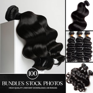 Könnte beinhalten: 100 Bündel schwarze Echthaarverlängerungen in verschiedenen Stilen, darunter Body Wave, Loose Wave und Deep Wave. Hohe Qualität, sofortiger Download, 48 Bilder.