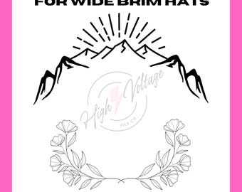 Bredbrättad hatt SVG - Bergskedja Blommig Hatt Bränn Design - För Pyrografi - Hatt Brännande SVG - Western Bränd Hatt DIY - Lasergraverad Hatt