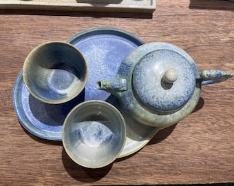 Handmade Azure Glaze Tea Set: Chinese Teapot with 2 Cups & Plate