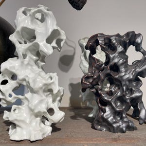May include: Two abstract sculptures made of ceramic. One is white and the other is black. Both sculptures have a unique, organic shape with many holes and crevices.