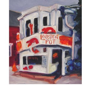 May include: Oil painting of a two-storey seafood restaurant, with the words "Lobster Pot" in red. The building is white with red accents and a blue sky. A red lobster graphic is visible.