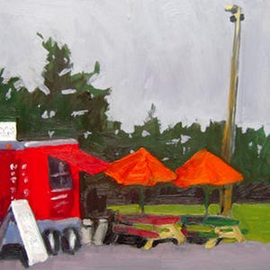 May include: An oil painting depicting a red food truck with a sign reading "HOT DOGS". Two orange parasols provide shade over picnic tables. The background shows green trees and a cloudy sky.