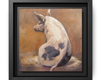 Framed Pig Canvas Art: Farmhouse Kitchen Decor, Rustic Animal Oil Painting