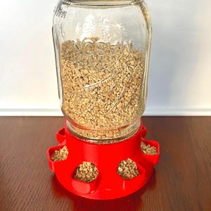Peut inclure: Un bocal Mason en verre transparent rempli de nourriture brune, fixé à une base d'alimentation rouge vif. L'alimentateur comporte plusieurs orifices d'alimentation. Le bocal porte l'inscription "MASON".