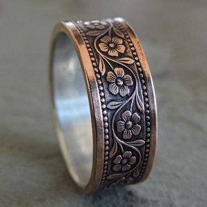 8mm ANTIQUE FLORAL Silver & Copper // Men's Wedding Ring // Women's Wedding Ring // Men's Wedding Band // Women's Wedding Band